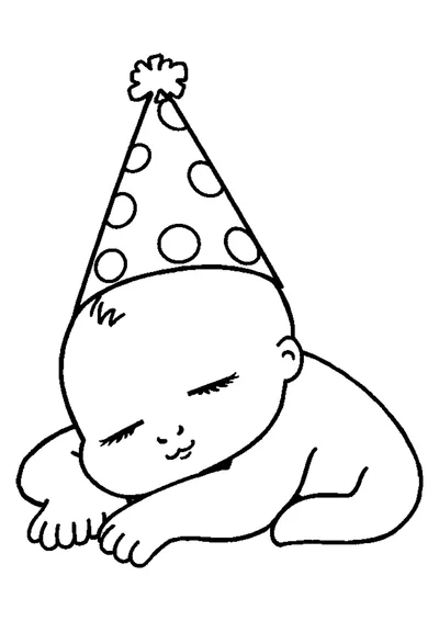 A black and white line art illustration of a party hat placed on a sleeping scene, waiting to be colored.