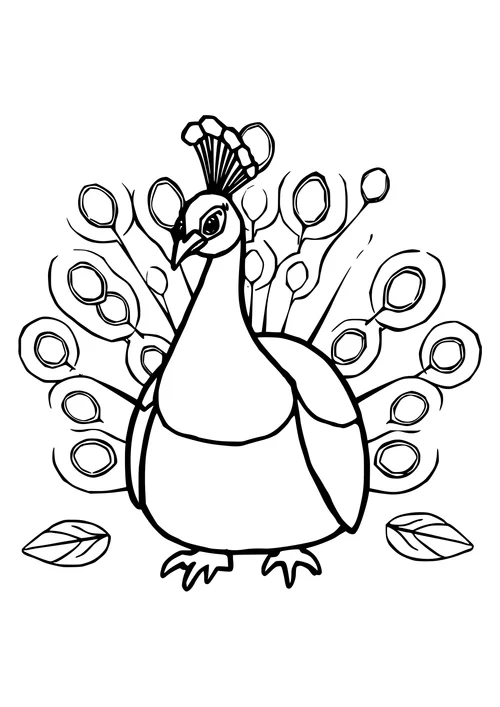 A black-and-white line-art illustration of a peacock sitting on a branch, with vibrant feathers and a regal demeanor.