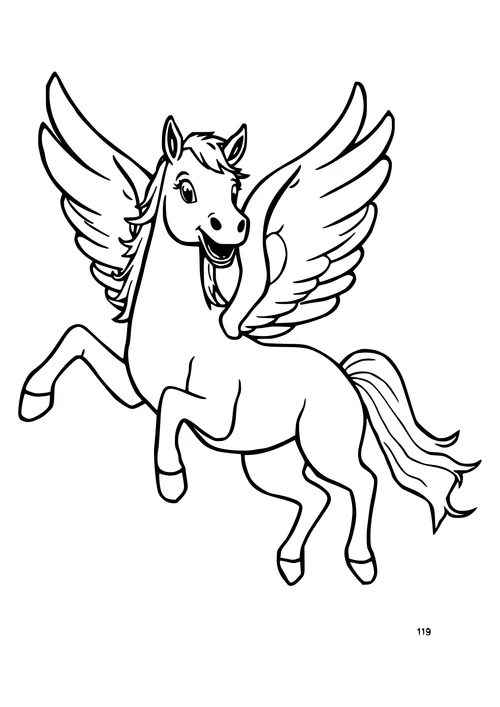 A black and white line art illustration of a pegasus playing in a serene landscape.