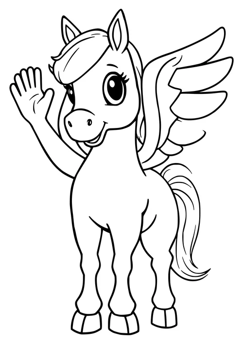 A black-and-white line-art image of a Pegasus horse waving its wings in mid-air.