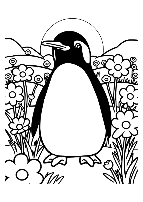 A cute penguin standing in a lush green meadow with flowers and trees in the background.