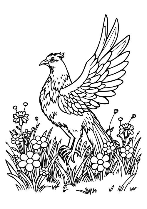 A black and white line-art illustration of a phoenix standing in a lush meadow, surrounded by flowers and trees.