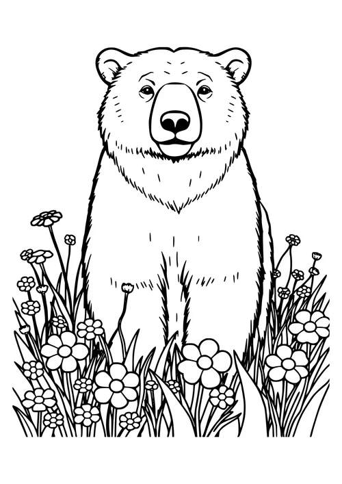 A black and white line-art illustration of a polar bear standing in a lush green meadow.