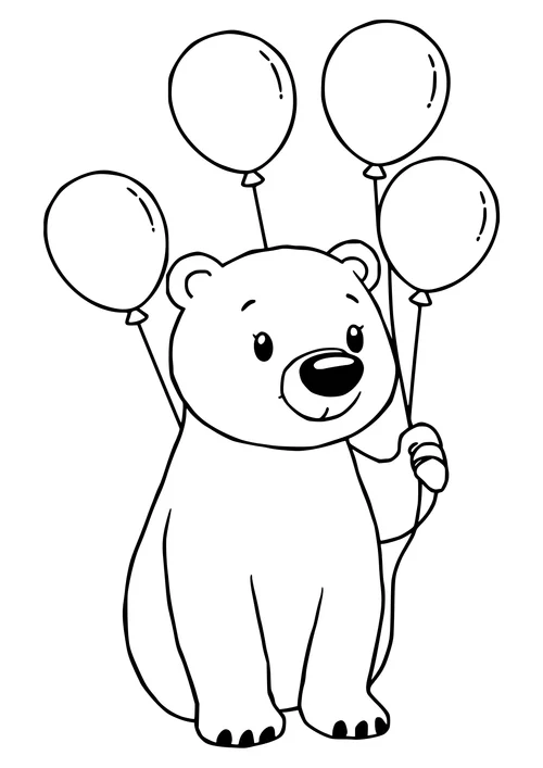 A black-and-white line-art image of a polar bear holding balloons in the air.