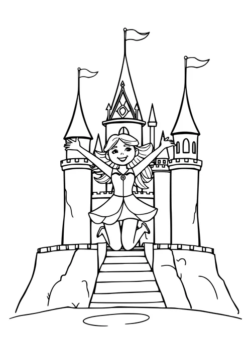 A black-and-white line-art image of a princess jumping in front of a beautiful princess castle.