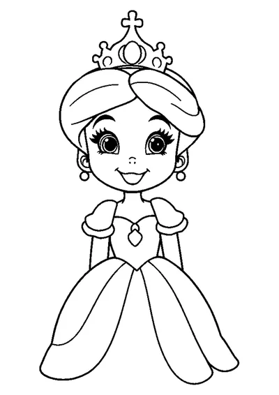 A smiling princess in a beautiful scene, black and white line art for coloring.