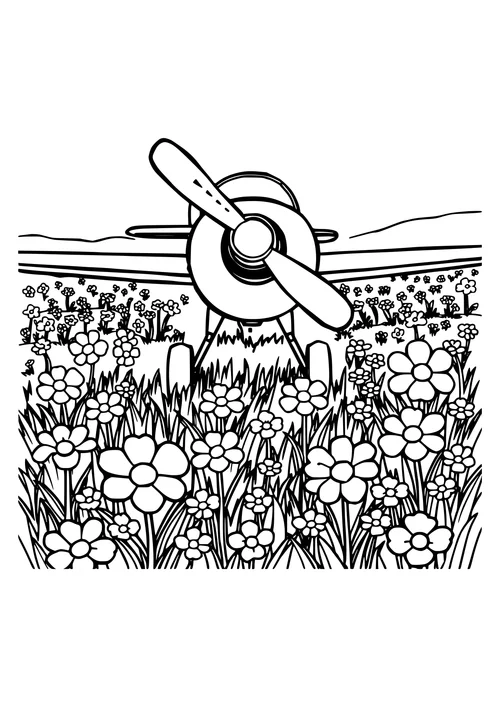 A detailed black-and-white line-art image of a propeller plane flying above a lush green meadow with flowers and trees in the background.