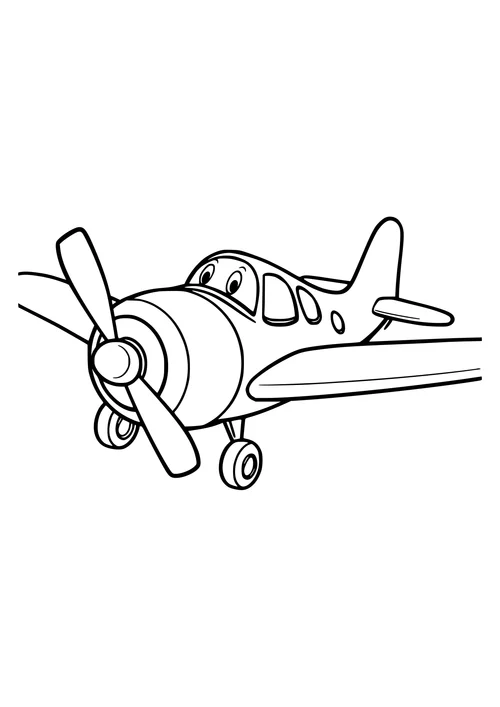 A black-and-white line-art image of a propeller plane playing in a playful scene.