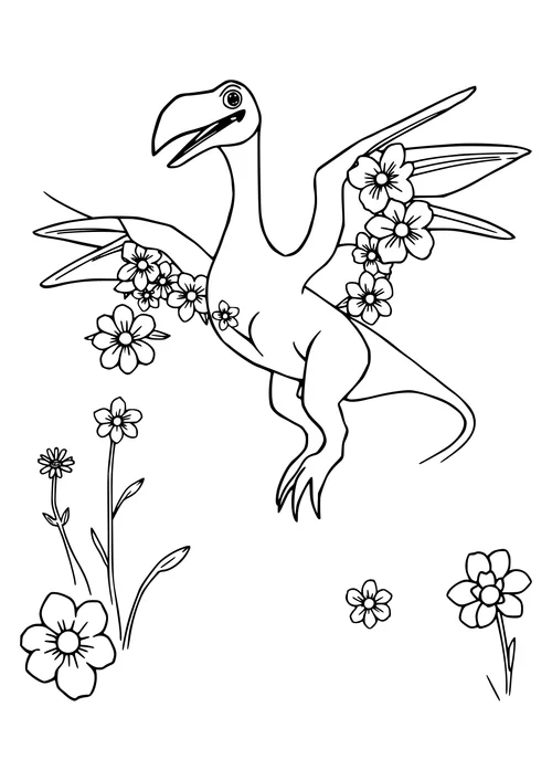 Pterodactyl surrounded by colorful flowers and foliage in a detailed line-art illustration.