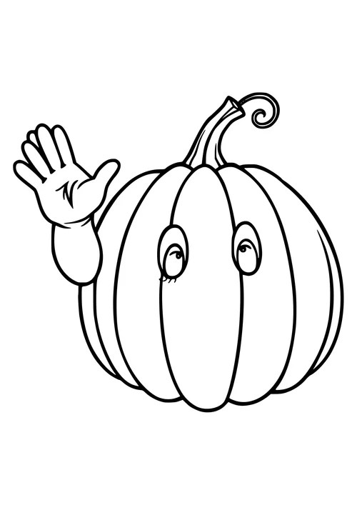 A black and white line-art illustration of a waving pumpkin in a garden scene.