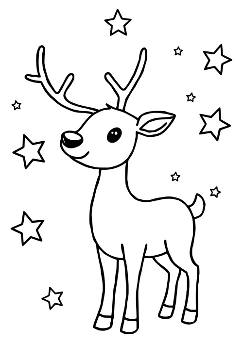 A black and white line-art image of a reindeer standing under a starry night sky.