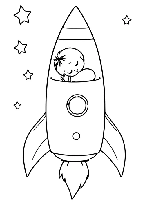A black-and-white line-art illustration of a rocket ship sleeping on a starry night sky