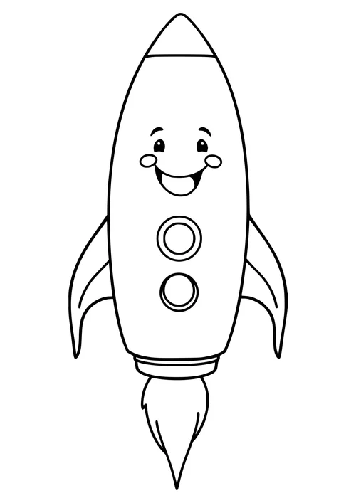 A smiling rocket with a friendly face, a black-and-white line-art illustration.