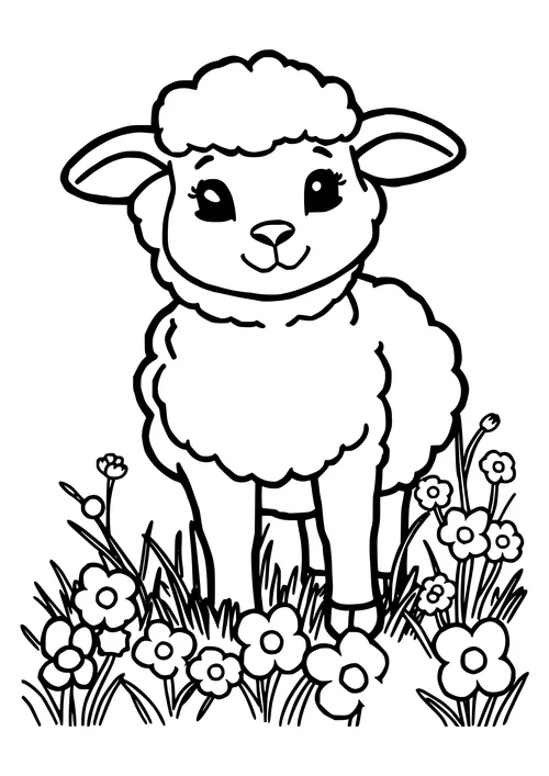 A black and white line-art image of a sheep standing in a meadow with flowers and trees in the background.