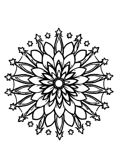 A simple flower mandala with stars in black and white line art, ready for printing and coloring.