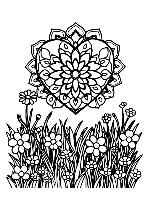 A simple heart mandala design in a meadow scene, featuring black and white line art.