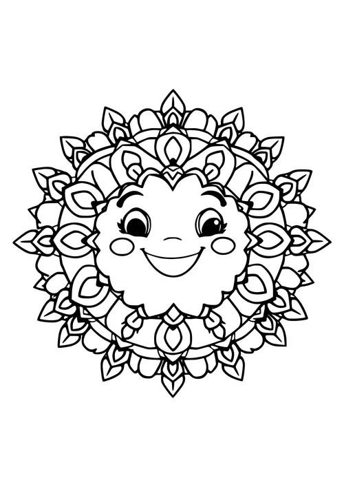 A simple heart mandala design with a smiling face, rendered in black and white line-art.