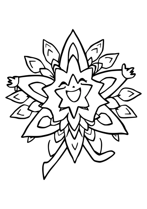 A simple black and white line-art image of a jumping star mandala design.