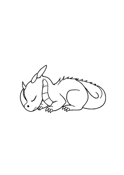 A black-and-white line-art image of a sleeping dragon sitting with its claws curled and eyes closed, ready for coloring.