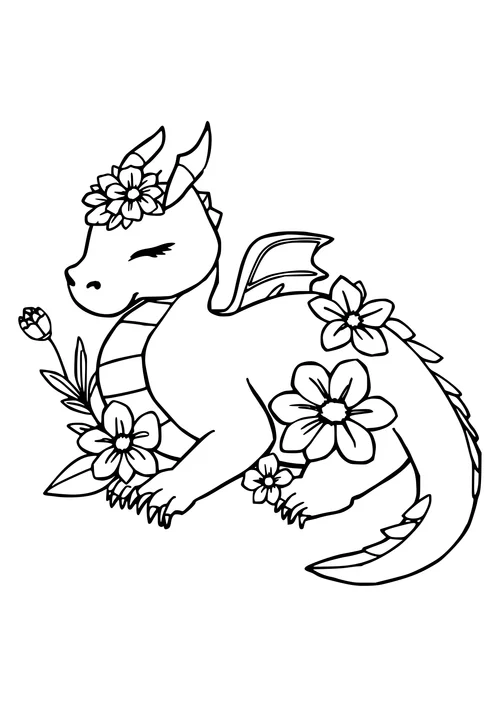 A sleeping dragon surrounded by colorful flowers, waiting to be colored in a beautiful black-and-white line-art design.