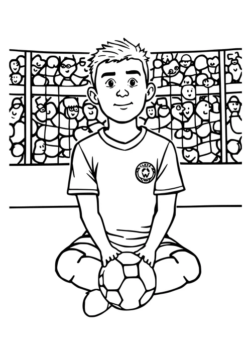 A black and white line-art image of a soccer player sitting on the ground with their legs crossed, looking up at the ball.