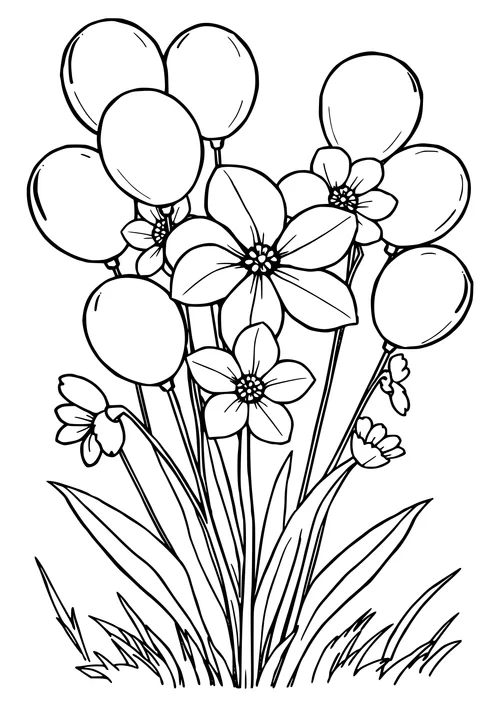 A delicate line-art illustration of a spring blossom scene with colorful balloons floating in the air.