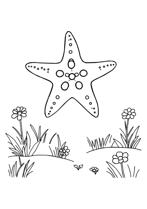 A black and white line-art image of a starfish sitting in a lush meadow surrounded by flowers and greenery.
