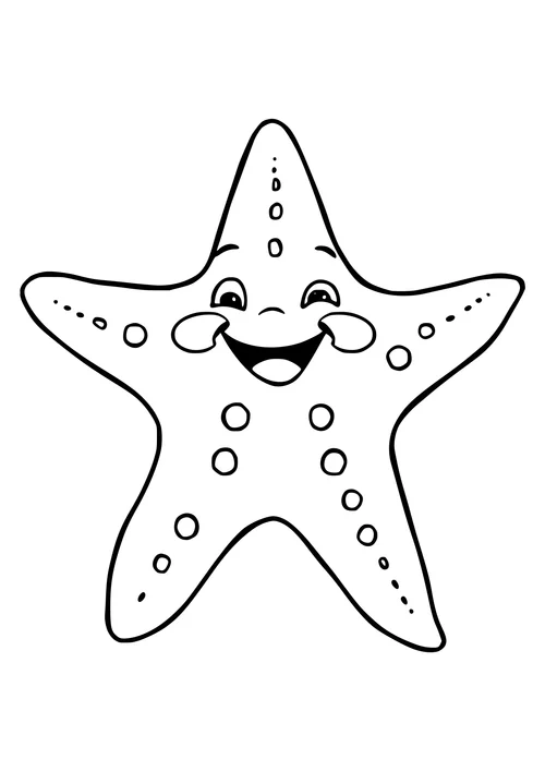 A smiling starfish with a simple black-and-white line-art design, suitable for coloring and printing.
