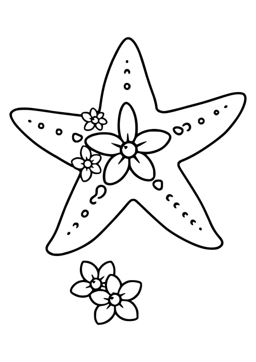 A black-and-white line-art illustration of a starfish surrounded by colorful flowers, waiting to be colored.