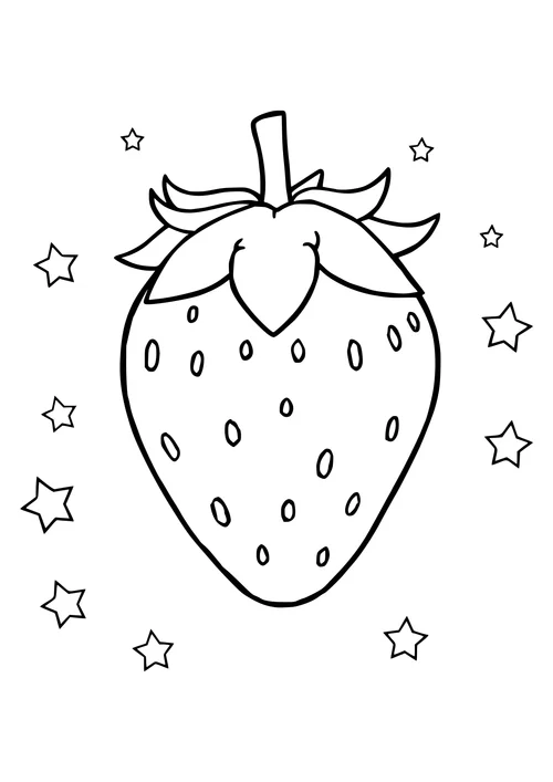 Black and white line-art illustration of a strawberry with stars in the background