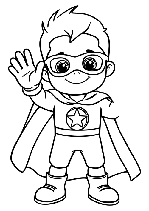 A black-and-white line-art illustration of a smiling super kid waving with a big smile on their face.