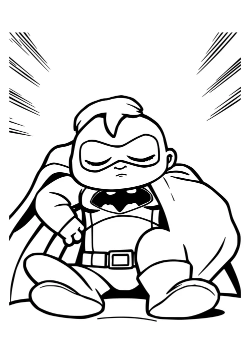 A black and white line-art illustration of a superhero sleeping on a city rooftop at night.