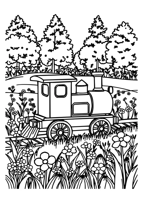 A black-and-white line-art illustration of a toy train chugging along a winding track in a lush meadow.