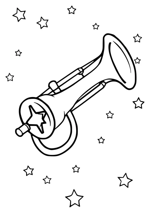 A black and white line-art illustration of a trumpet surrounded by stars and a night sky.