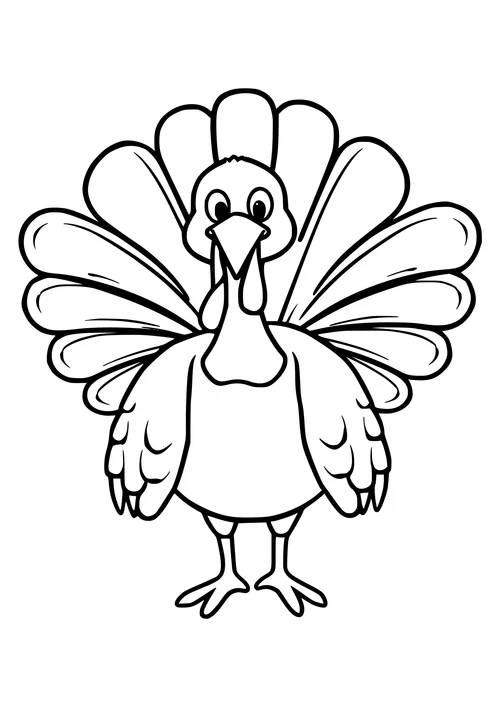 Black and white line-art illustration of a smiling turkey