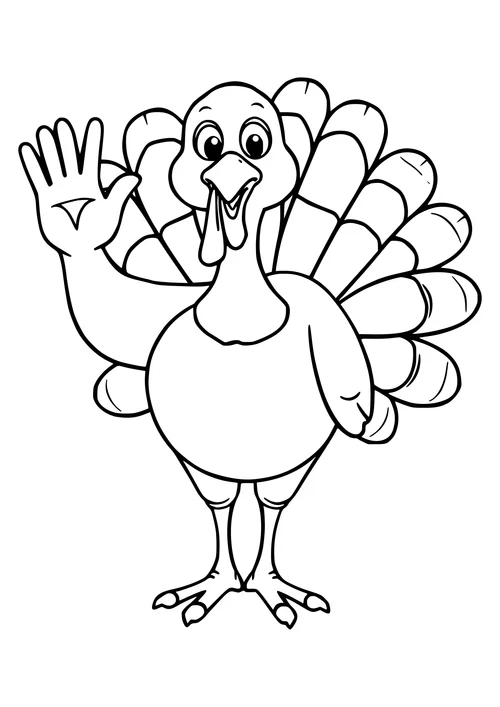 A black and white line-art illustration of a turkey waving at the viewer.