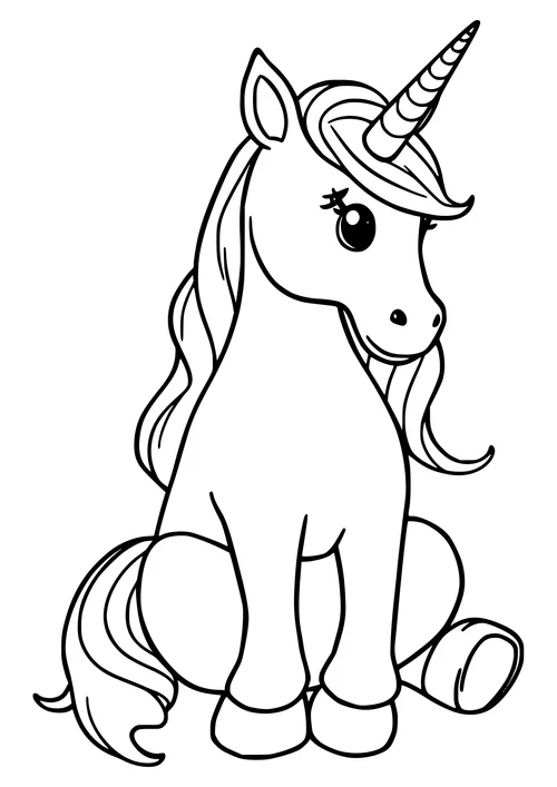 A black and white line-art illustration of a unicorn sitting on a rock, surrounded by flowers and trees.