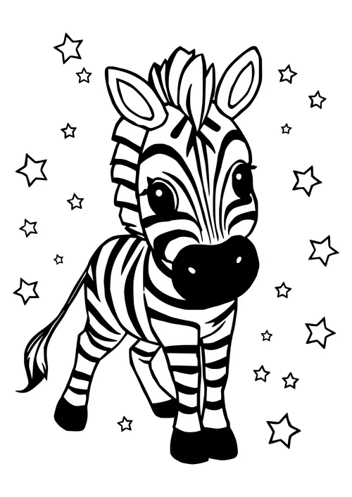 A black and white line-art image of a zebra standing under a starry night sky.